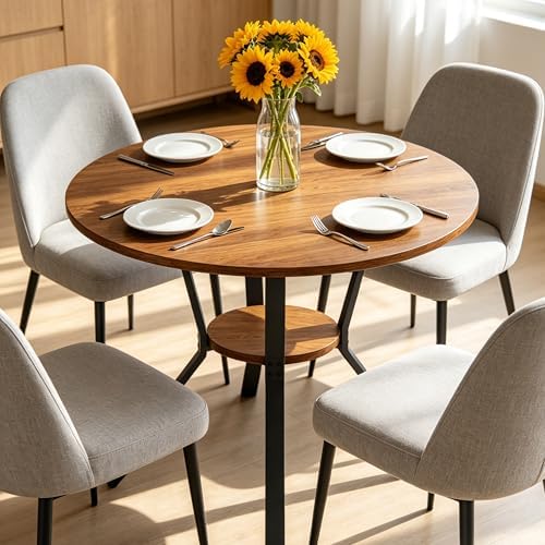 Round Dining Table for 4, 43 Inch Dining Room Kitchen Table with 1-Tier Storage Shelf, Modern Farmhouse Dinner Furniture(Walnut-43 inches)