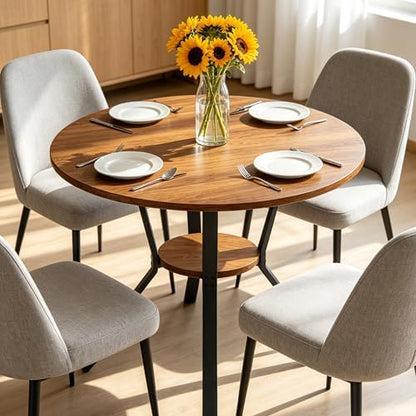 Round Dining Table for 4, 43 Inch Dining Room Kitchen Table with 1-Tier Storage Shelf, Modern Farmhouse Dinner Furniture(Walnut-43 inches)