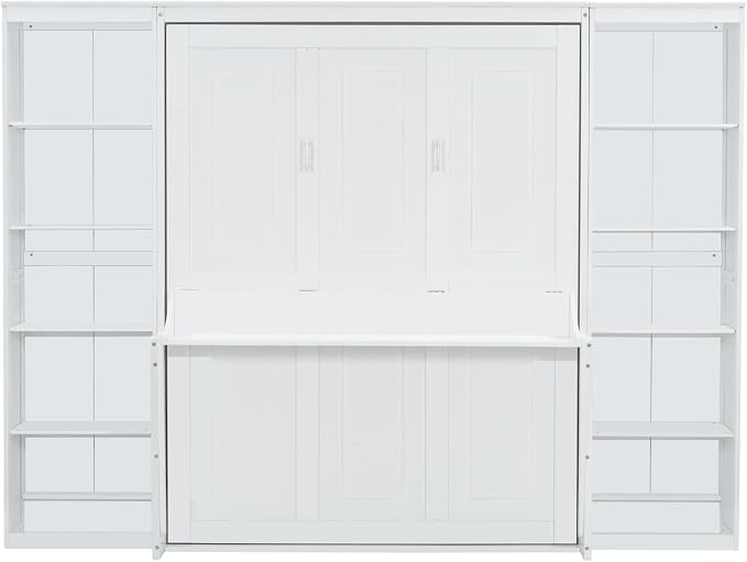 MERITLINE Queen Murphy Bed with Desk and Storage Bookcase,Wood Murphy Wall Bed Cabinet with with Storage Shelves Cabinet for Adults (Queen,White)