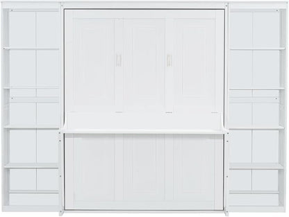 MERITLINE Queen Murphy Bed with Desk and Storage Bookcase,Wood Murphy Wall Bed Cabinet with with Storage Shelves Cabinet for Adults (Queen,White)