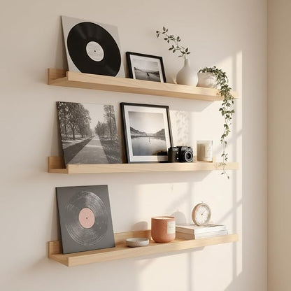 MBYD 36 Inch Natural Wood Floating Picture Ledge Shelf, Wall Mounted Nursery Bookshelf for Kids Books, Vinyl Records & Photo Display, Rustic Farmhouse Wall Decor for Bedroom, Living Room & Nursery