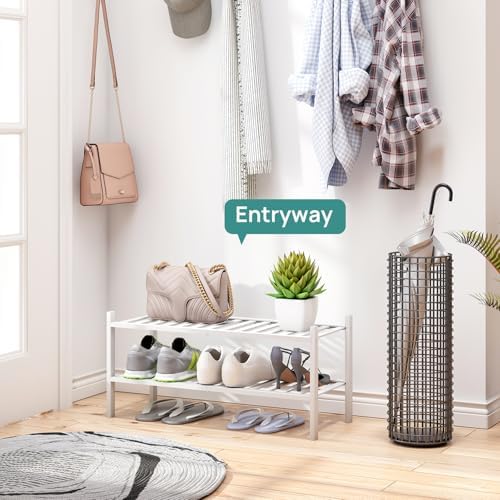 viewcare White Shoe Rack for Entryway, 2 Tier Shoe Organizer for Hallway Closet, Bamboo Wood Shoe Racks for Indoor Outdoor (White, 2-Tier)