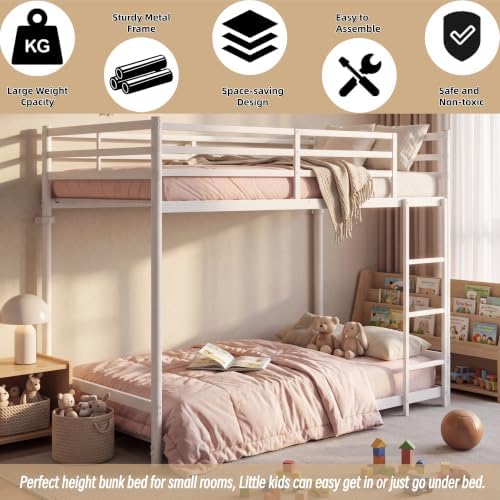 Floor Bunk Bed Twin Over Twin, Metal Twin Size Bed Frame with Ladder & Safety Guardrails for Boys Girls, Space Saving Design, No Box Spring Needed, White