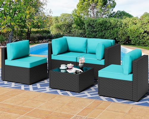 Shintenchi 5 Pieces Outdoor Patio Sectional Sofa Couch, Black PE Wicker Furniture Sets, Patio Conversation Sets with Washable Cushions Coffee Table for Garden, Poolside, Backyard,Blue