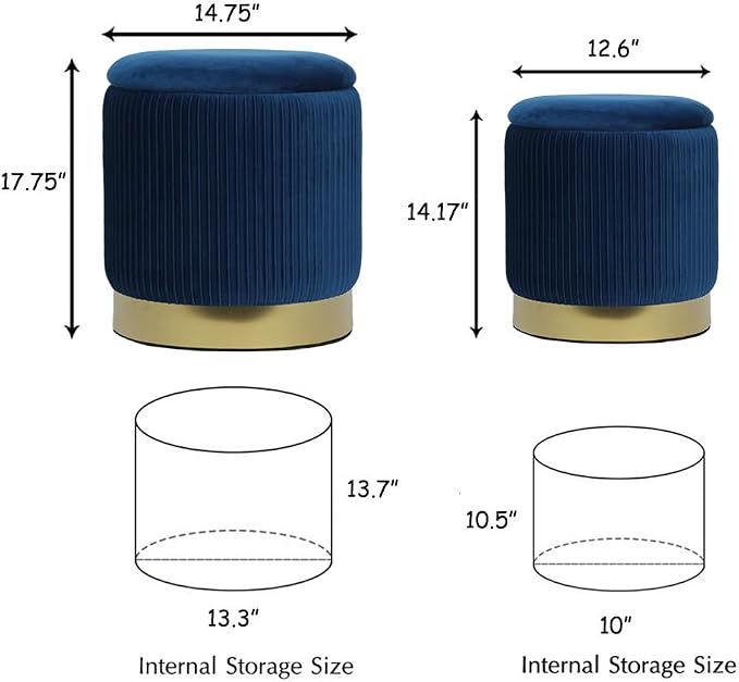 Blue Round Ottoman with Storage Set of 2 Upholstered Velvet Vanity Stool for Living Room Small Ottoman Coffee Table with Removable Lid Foot Stool for Living Room, Bedroom, Hallway, Assembly Free