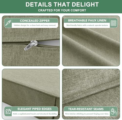 Water Resistant Outdoor Chair Cushions, Faux Linen Backrest and Deep Seat Cushion Set with Ties, Removable Cover, Non-Slip Bottom for Patio Furniture, 24 x 24 Inch, Mocca Green, Set of 2
