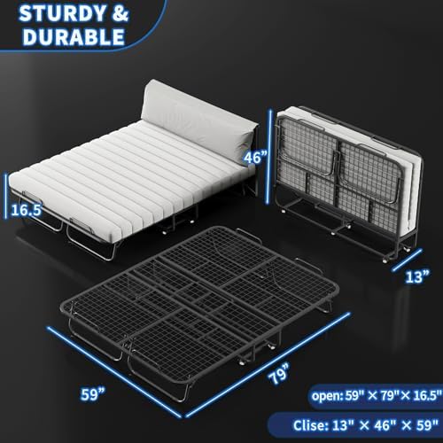 79"x59" Folding Bed with 13CM Memory Mattress, Queen Size Double Portable Bed for Adults, Roll Away Foldable Beds on Wheels,Hideaway,Save Space