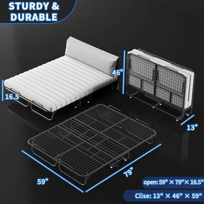79"x59" Folding Bed with 13CM Memory Mattress, Queen Size Double Portable Bed for Adults, Roll Away Foldable Beds on Wheels,Hideaway,Save Space