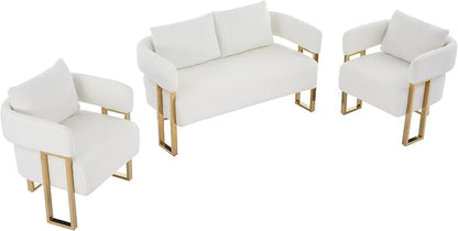 Loveseat Sofa and 2 Accent Chairs Comfy Sofa Modern Accent Chairs for Living Room with Golden Legs Teddy Upholstered Reading Armchairs no Wheels for Reception Room//Bedroom/Lounge/Office,White