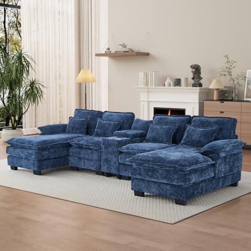 OUYESSIR 132" U Shaped Cloud Sectional Couch with USB Port, Dark Blue