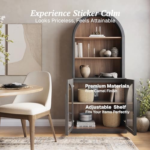BELLEZE Arched Bookshelf with Glass Doors, 71" Tall Wood Display Cabinet with Adjustable Shelf and Hutch, 5 Tier Modern Bookcase Shelf with Storage for Living Room Office, Ebony