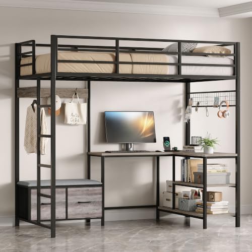 Twin Loft Bed with L-Shaped Gaming Desk, 2 Storage Drawers, RGB LED Lights