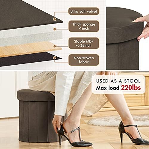 Phantoscope Storage Ottoman Round15 Inch, Velvet Folding Storage Boxes Footrest Foot Ottoman Toy Box, Padded Seat for Dorm Living Room Bedroom, Support 220lbs Coffee