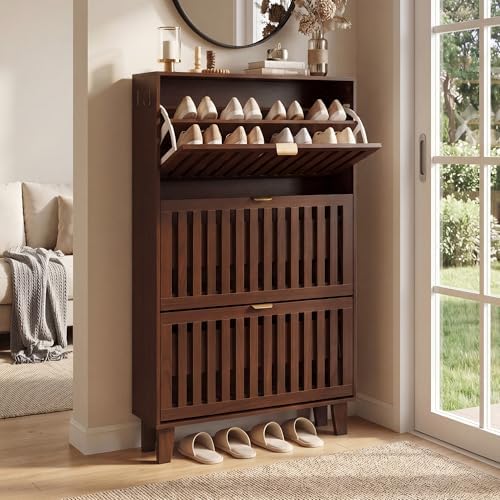 Shoe Cabinet, Slim 3 Flip Drawers for Entryway, Walnut