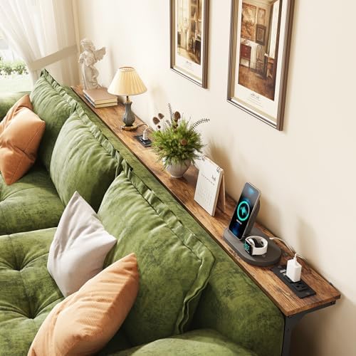 Kitstorack 102.3" Extra-Long Behind Couch Table, Height Adjustable Narrow Console Table with 2 Power Strips, Anti-Tip Wall Screws, Rustic Brown Finish, Split Design for Flexible Use