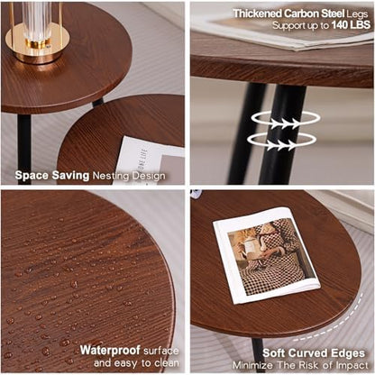 2 Pcs Small Oval Coffee Table,31.5" Retro Walnut Coffee Tables Nesting Tables Set,Easy Assembly Mid Century Modern Coffee Tables for Living Room Office,Coffee Table and End Table Sets