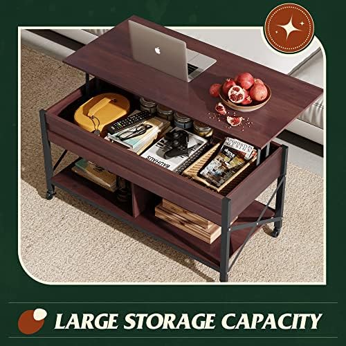 WLIVE Coffee Table Espresso, 41.3" Lift Top Coffee Table with 4 Wheels
