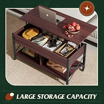 WLIVE Coffee Table Espresso, 41.3" Lift Top Coffee Table with 4 Wheels