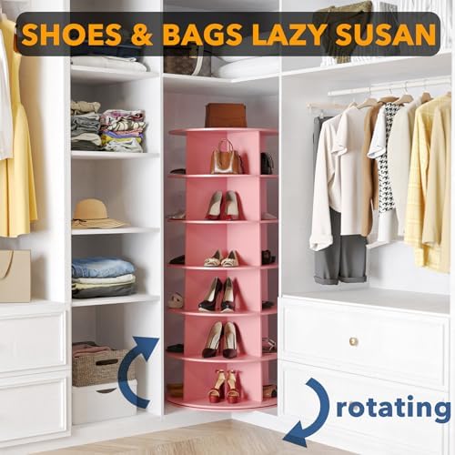 SpaceAid 6 Tier Rotating Shoe Rack Tower, Spinning Shoe Display Lazy Susan, Revolving 360 Shoe Rack Storage Round Carousel, Vertical Handbag Rotate Shoes Closet Organization (6-Tier Pink)