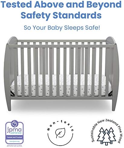 Delta Children Twinkle 4-in-1 Convertible Baby Crib, Sustainable New Zealand Wood, Grey and Delta Children Twinkle Galaxy Dual Sided Recycled Fiber Core Crib and Toddler Mattress (Bundle)