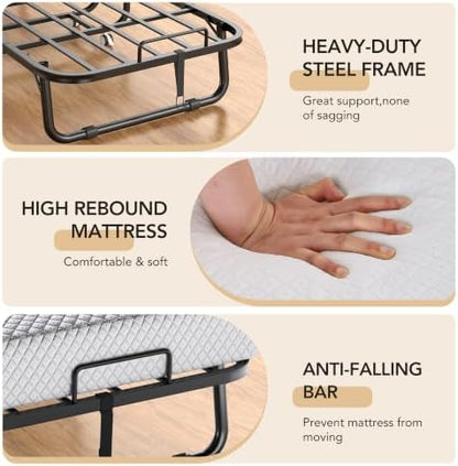 Decofy 75"x38" Folding Bed with Mattress Rollaway Beds on Wheels10 Tubes