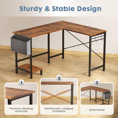 DUMOS L Shaped Computer Desk with PC Stand, Corner Workstation, Brown