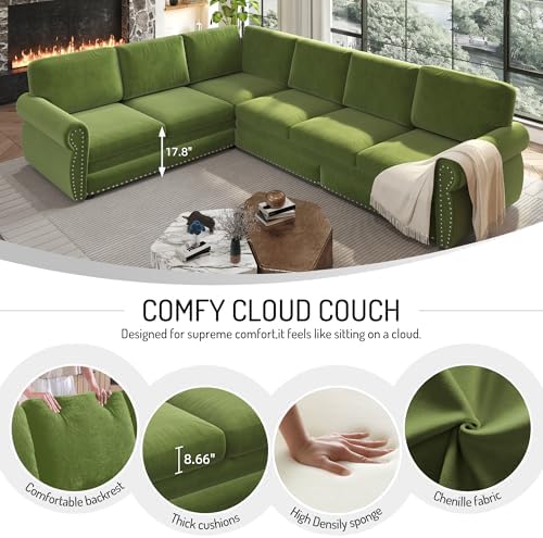 HANXIN 118" L-Shaped Sofa Couch with Pull Out Bed, Oversize Convertible Sectional Sleeper Sofa with Nailhead Trim & Rolled Arm, 6 Seat Chenille Upholstered Couches for Living Room(Grass Green)