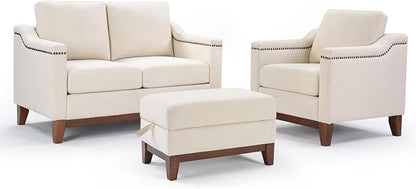 HAOMARKETS Modern 3 Piece Sofa Set with Rivets, Included Fabric Accent Chair, Upholstered Loveseat 2-Seater Couches with Solid Wood Legs and Storage Ottoman, Living Room Furniture Set,Beige