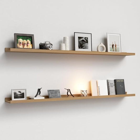 Boswillon 55.1 Inches Long Floating Shelves, 2 Set Rustic Wall Shelf for Bedroom, Nursery Book Shelf with Lip, Picture Ledge Shelf for Living Room, Bathroom, Kitchen - Oak