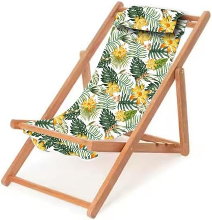 Children’s Vintage Sun Lounger Sling Chair | Wooden Frame with Canvas Fabric | Outdoor Folding Deck Chair for Kids Ages 5+ | Portable & Lightweight for Backyard, Poolside, or Beach (Tropical Bloom)