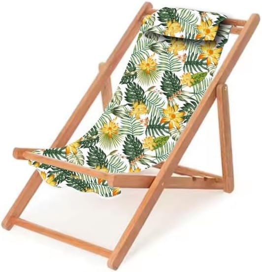 Children’s Vintage Sun Lounger Sling Chair | Wooden Frame with Canvas Fabric | Outdoor Folding Deck Chair for Kids Ages 5+ | Portable & Lightweight for Backyard, Poolside, or Beach (Tropical Bloom)