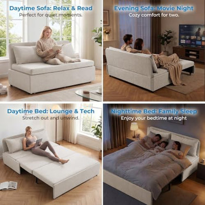 Mjkone 64" W Queen Size Sofa Bed with Pull Out Bed, 2-in-1 Modern Linen Pull Out Sleeper Sofa Couch Beds with Cushions & Throw Pillows for Small Place Apartment Living Room Office Studio, Beige