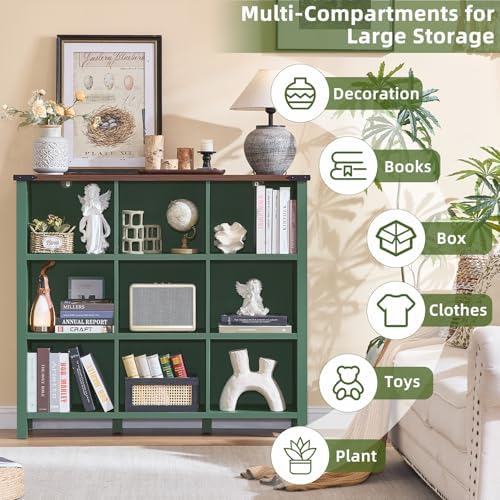 Joaxswe 9 Cube Storage Organizer, Farmhouse 47 Inch Wide Vintage Green Bookshelf, Wooden 3 Tier Display Large Open Book Shelf, Rustic Bookcase for Home Office, Cubby Storage Cabinet for Living Room