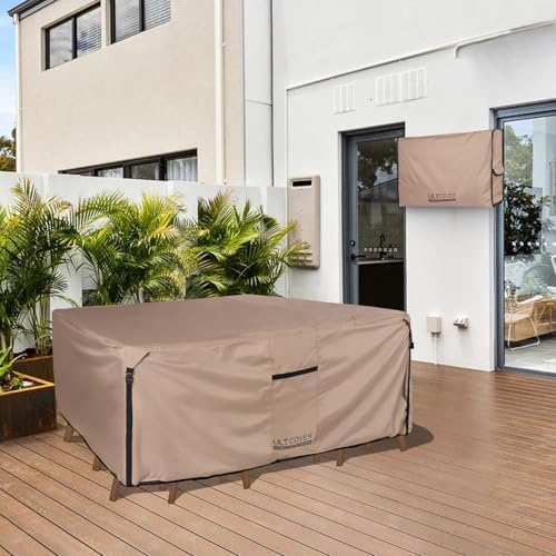 ULTCOVER Rectangular Patio Heavy Duty Table Cover - 600D Tough Canvas Waterproof Outdoor Dining Table and Chairs General Purpose Furniture Cover Size 111L x 74W x 28H inch (Pack of 2)