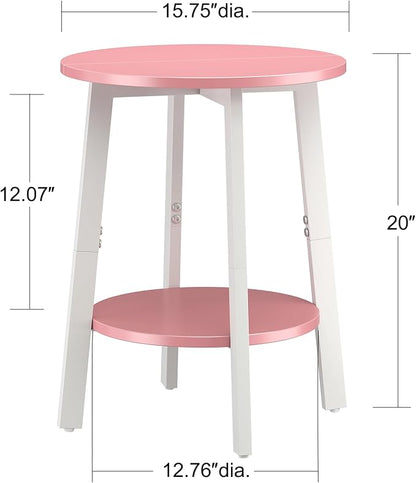 sthmec Side Table, Small Round End Table with Storage Shelf for Small Space, 2-Tier Bedside Table Sofa Couch Table, Round Accent Table Nighstands for Living Room, Bedroom, Pink