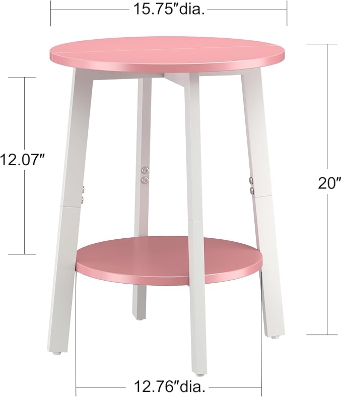 sthmec Side Table Set of 2, Small Round End Table with Storage Shelf for Small Space, 2-Tier Bedside Table Sofa Couch Table, Nighstands Set of 2 Accent Table for Living Room, Bedroom, Pink
