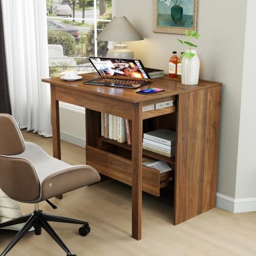 JIJIWANG Convertible Fold-Out Desk with Drawers and Bookshelf, Natural