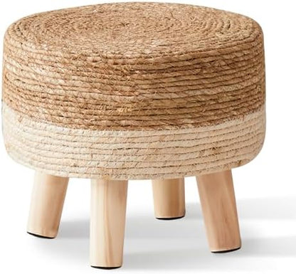 Cpintltr Foot Stool Natural Seagrass Hand Weave Poufs Round Ottoman for Couch Desk Soft Step Stool Padded Foot Rest with Non-Skid Pine Legs for Hallway Office Lounge Natural/White