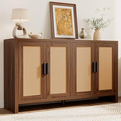 Rattan Buffet Cabinet with Storage, Sideboard Cabinet with Doors and Adjustable Shelves, Farmhouse Coffee Bar Station Table, Modern Wood Cupboard for Kitchen, Livingroom, Walnut
