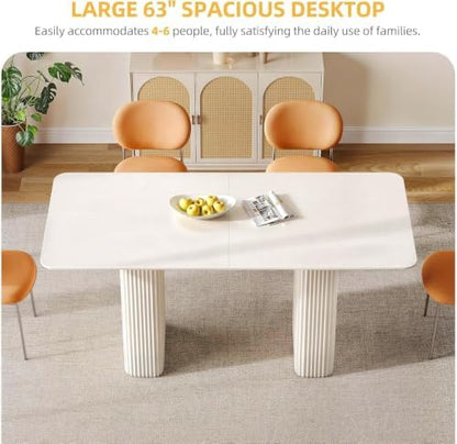 DWVO Cream White Dining Table 63" for 4-6, Rounded Corners, Fluted Base