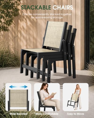 Stackable Outdoor Dining Chairs, HDPE Frame with Teslin Fabric, Black