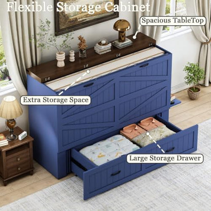 Queen Murphy Bed with Charging Station, Farmhouse Noisy-Free Foldable Cabinet Bed Frame with Storage Drawer, Space Saving Hideaway Wall Bed for Guest Bedroom, Living Room, Office, Blue