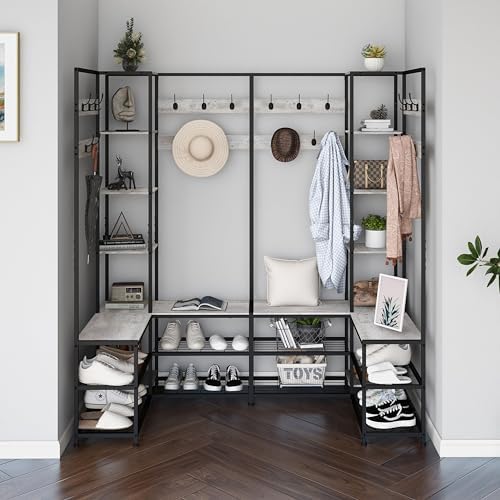 GiftGo Corner Hall Tree with Shoe Rack Storage Bench Display Open Shelves Modern Industrial Entryway Coat Rack Stand for Home Living Room Mudroom Bedroom Multifuncitonal 5 in 1 (Greige)