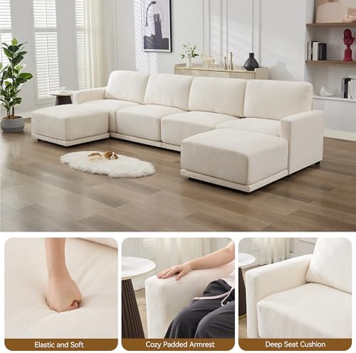 Modular Sectional Couch, 143.8" Chenille Oversized 4 Seater Sofa, White