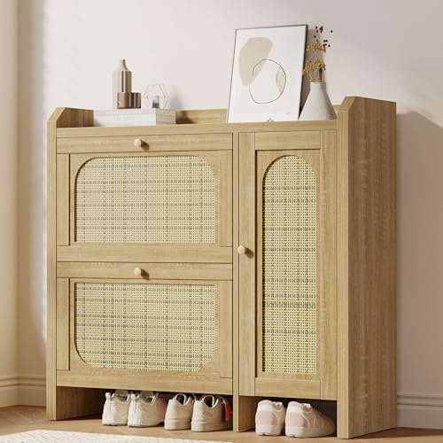 Rattan Shoe Cabinet w/ 2 Flip Drawers&Side Storage, Narrow Hidden Shoe Rack