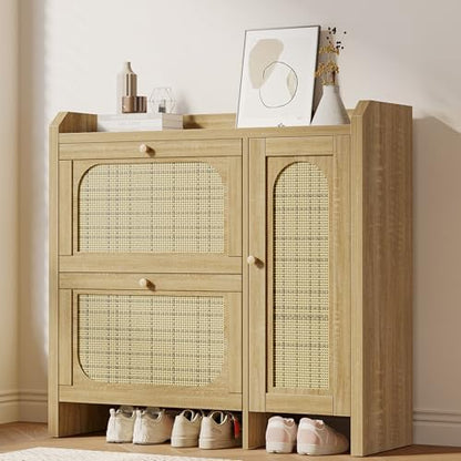 Rattan Shoe Cabinet w/ 2 Flip Drawers&Side Storage, Narrow Hidden Shoe Rack
