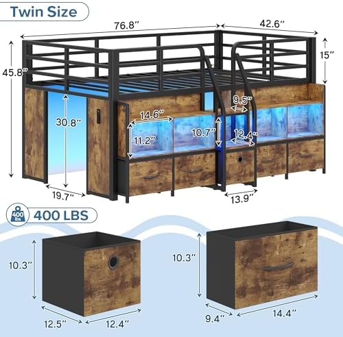 Twin Low Loft Bed, 5 Drawers & 6 Bookcases, LED and Charging Station, Brown
