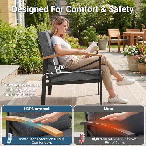 6-Piece Outdoor Patio Furniture Set for All-Weather, Heavy-Duty Metal Outside Furniture with Washable Thick Cushions, Patio Sectional with Coffee Table for Garden, Patio, Deck, Backyard, Grey
