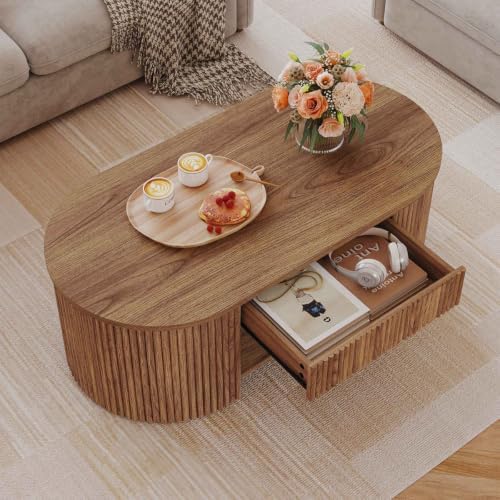 FATORRI Oval Coffee Table with Fluted Wood Panels, Mid-Century Modern Center Table with Storage Drawer and Open Shelf, Walnut Cocktail Table for Living Room, Bedroom, Home Office, 43 Inch
