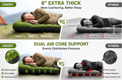 OGERY Sleeping Pad, Ultralight Inflatable Sleeping Pad for Camping with Pillow Built-in Foot Pump, 6" Extra-Thick Reinforced Camping Mattress for Hiking, Backpacking, Tent